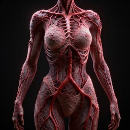 body dressed in intricate outfit of blood vessels and flesh lace, detailed, dark background, backlit, c 4 d, octane, realistic render, beautiful, gothic, contrast, 8 k