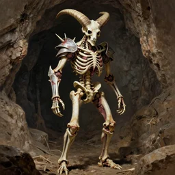 A spiked horned skeleton with armored joints stands in a cave. Extremely high detail, realistic, fantasy art, solo, masterpiece, saturated colors, bones, ripped flesh, art by Zdzisław Beksiński, Arthur Rackham, Dariusz Zawadzki