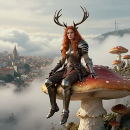 a portrait photo of an armored female warrior redhead with antlers sitting on the edge of a giant mushroom that covers a whole town and reaches above the clouds by luis royo. intricate. lifelike. soft light. sony a 7 r iv 5 5 mm. cinematic post - processing