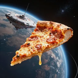 a slice of pizza spaceship in orbit around a planet starwars digital art 4 k atmospheric cinematic shot octane render