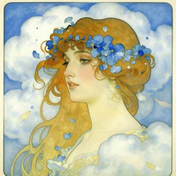 portrait of a dreamer, blue - petals, fluffy clouds, illustration by alphonse mucha