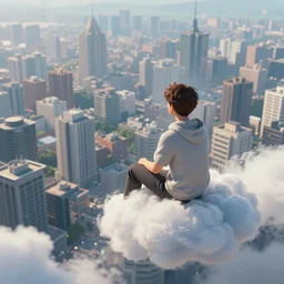 person sitting on a cloud, looking down at the city below, digital art, artstation