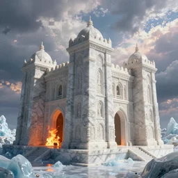 fire and ice inspired citadel made of marble, hyper realistic, octane render photorealistic intricate detailed, cinematic, wallpaper, surreal, ethereal, magical sky