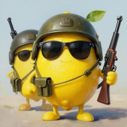 lemon characters with sunglasses with military helmets and guns, hd, oil painting