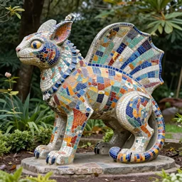 garden containing very colorful textured variegated mosaic sculpture of a chimera, in the style of folk art