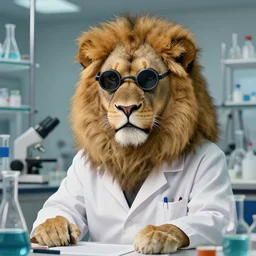 portrait of a proud old lion doctor working in a chemical lab, artwork by gaston bussiere, craig mullins, trending on artstation, lion dressed as a scientist, using googles and wearing a doctor coat