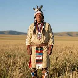 native american indigenous man standing in a field, beautiful artwork