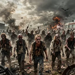 zombie horde apocalypse by, rutkowski, rossier, landis, cinematic, incredible detail, photorealistic, artstation, epic, stylized