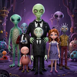 a highly detailed image of a addams small family ( small number of characters ) in the rich colors, surreal aliens meet the last super part 2
