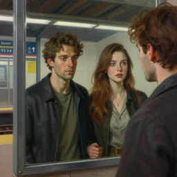 man and woman, in the void, by the mirror, station, james gillard, zdislav bexinski, high detail alex colville, otto mueller, jean - michel basquiat, stephen conroy, andrea couch, andrew newell wyeth, daniel meidman yussi picho octane rendering