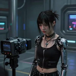 photo of a punk cyborg girl, neo - future, highly detailed environment, found footage, 2 4 0 p, low quality camera, crt footage, vhs camera, depressing, lonely, movie, movie screengrab, y 2 k aesthetic, screengrab, in the style of bill pope, frank griebe