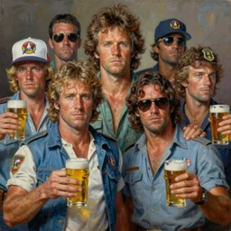 an oil painting portrait of crockett and tubbs in eighties miami vice, ultra realistic, highly detailed faces, true to life, masterpiece, cinematic by frank frazetta, greg rutkowski, beeple, yoko taro, christian macnevin, beeple, wlop, krenz cushart, holding beers, epic fantasy character art, volumetric lighting
