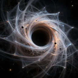 realistic photo of one black hole in space, rhizomatic network, volumetric, particles, physical, translucence, cinematic lighting, iridescence