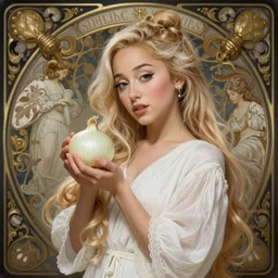 beautiful cottagecore Ariana Grande in a white robe holding a white onion, angelic, platinum blonde Hair, intricate, elegant, highly detailed, digital painting, artstation, concept art, smooth, sharp, focus, illustration, art by artgerm and greg rutkowski and alphonse mucha