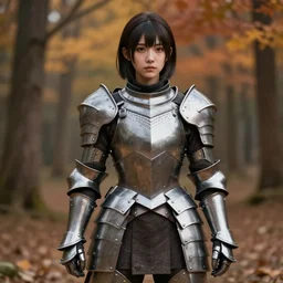 a masterpiece hyperrealistic ultradetailed fullbody photograph of a lifelike real human anime girl wearing steel plate armor, autumn forest background, made by wlop, trending on artstation, actual person, k - pop, rough skin pores texture, photoreal image, desaturated, 3 d rendered, unreal engine 5, extremely detailed, sharp focus, 4 k