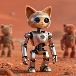 film still from the movie chappie of the robot chappie shiny metal outdoor planet mars deep orange red rock scene bokeh depth of field several figures furry anthro anthropomorphic stylized cat ears head android service droid robot machine fursona