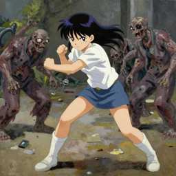 oil painting, yoji shinakawa, studio gainax, girl fighting zombies, action shot
