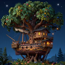 abstract, a treehouse made out of a derelict pirate ship, the treetops of giant oaks, night, stars, candles, colorfully, detailed illustration, digital art, overdetailed art, concept art, highly saturated colors, detailed illustration, hd, 4 k, digital art, cgsociety and beeple highly detailed, cinematic lighting, illustration, art, very coherent. high detail, dan mumford!, greg, rutkowski, trending on artstation