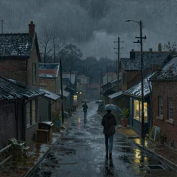 a photorealistic digital rendering of a rain soaked shanty town at night by Edward Hopper and James Gilleard, oil painting