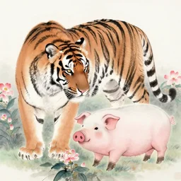 a beautiful picture of a tiger and a pig, flower, by sanyu