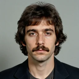 A mugshot portrait of a man who looks like Jerma985 with short length wavy hair and a slightly receded hairline and bangs, has a chevron mustache and wearing mid 1980s menswear in the late 1980s, taken in the late 1980s, grainy, realistic, hyperrealistic, very realistic, highly detailed, very detailed, extremely detailed, detailed, trending on artstation, front facing, front view, headshot and bodyshot, detailed face, very detailed face
