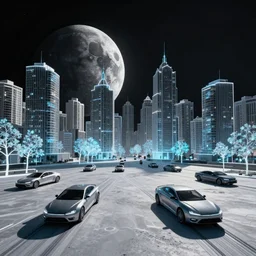 futuristic citizens and vehicles, on the Moon, long shadows, holographic trees in a Russian high-rise community cyberpunk city called Neo Kudrovo, pitch black sky with stunning bright stars, bright sun, high contrast, lively, freaky, black sky full of stars, LEDs, holograms, blinding bright sun, sci-fi, cyberpunk outfits, photorealistic, grainy, 35mm, intricate, very very beautiful, elegant, smooth, cinematic, Unreal Engine 5, by Beeple
