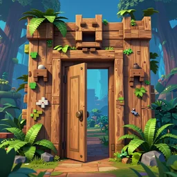 open door wood wall fortress greeble block amazon jungle on portal unknow world ambiant fornite colorful deepdream that looks like it is from borderlands and by feng zhu and loish and laurie greasley, victo ngai, andreas rocha, john harris