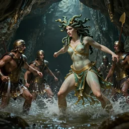 cinematic action still of Medusa fighting Greek soldiers in her cave by Greg Rutkowski, cave flooding, 4k, masterpiece, Trending on Artstation