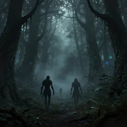 fantasy haunted dark forest, foggy, detailed, digital art, a dark forest with humanoids walking through and evil spirits lurk in the shadows, by Anato Finnstark, artstation