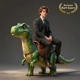 a portrait of a man sitting in a saddle on the back of a green dinosaur, adorable and whimsical, fantasy, elegant, behance, unreal engine, octane render, sharp focus, high contrast, illustration, art by bart sears