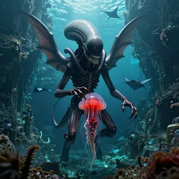 xenomorph greeting ocean divers emerging from the walls of a sunken tunnel rotting, helmet, beksinski, bruehgel, only red, great winged demon, manta rays, detailed background, photograph, masterpiece, alien bifurcated hydromedusa gel shell