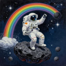 painting by zdzisław beksinski, astronaut skeleton riding an asteroid through space, stardust and sparks and glitter sparking in the air, epic painting, cinematic, peace and joy and rainbows