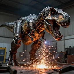 mechanical battle T-Rex being constructed, welding sparks raining down, high contrast, HDR, photo, detailed, 4k