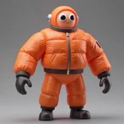 still slander figurine of a tall giant inflated space man action figure wearing over sized orange puffy bomber jacket, long bendy arms and legs, googly eyes, tareme eyes, small head, personification, dynamic pose, detailed product photo, tone mapped, beautiful composition, 8 5 mm, f 5. 8, soft lighting
