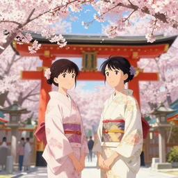 a beautiful picture of sakura blooming in the shrine, two girls in kimonos, by greg rutkowski and thomas kinkade, trending on artstation