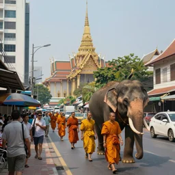 Future Bangkok, yellow-robed monks and elephants walking through the streets of the bustling city under the hot sun, large distant view Painter by Jamie Jones