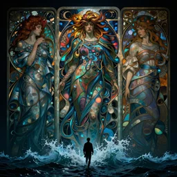 parting the sea, full shot, photo, volumetric lighting, epic composition, intricate details, dark neon punk, by denis villeneuve , Greg Rutkowski and Alphonse Mucha