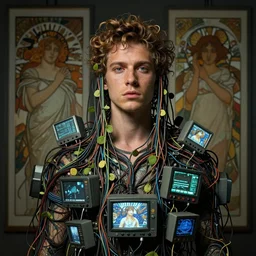 hyperrealist portrait of elijah zu bailey, it is decorated with long wires that fall like vines and wears small computers over their body. by jeremy mann and alphonse mucha, fantasy art, photo realistic, dynamic lighting, volumetric lighting, very detailed faces, award winning