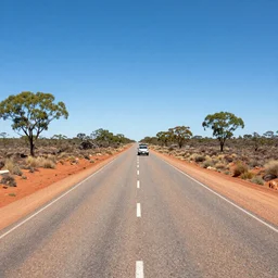 a long road in the red australian outback, a lone car is seen in the distance