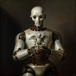renaissance painting of a robot holding small robot with wings, centered, cinematic, beautiful lighting, dramatic