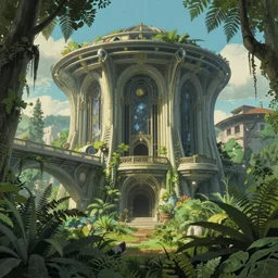 Futuristic venice in Art Nouveau Architecture, movie concept art, Breath of the wilde, studio ghibli style, Lush vegetation with ferns, miyazaki, Craig Mullins dappled lighting, octane render, cinematic, photographic, realistic, highly detailed