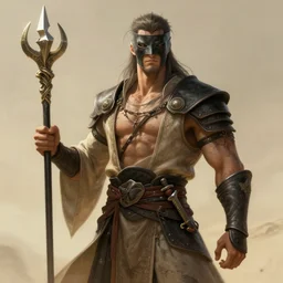 masked male pathfinder cleric of desna holding a starnife by wlop, wuxia, xianxia, weathered skin, athletic, desert robe, black leather armor, butterfly embroidery, starknife, pathfinder, desna, detailed, realistic, anatomically accurate, fantasy illustration, artstation, wlop.