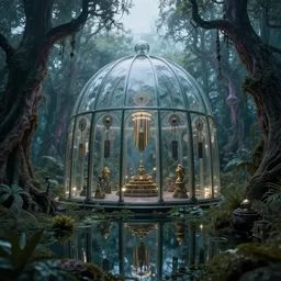 pagan glass dome structure with occult windchimes surrounded with alien forest trees and a pond with reflection