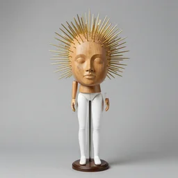 realistic photo of a full - height human anatomic head model wooden realistic sculpture doll made of wooden, wearing white tights, very very long brass spikes needles, center straight composition, seamless, isometric view 2 0 0 0, life magazine photo, museum archival photo