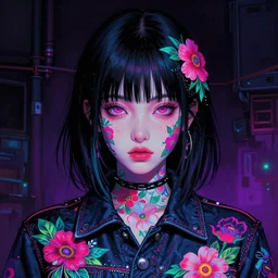 portrait of rinko kikuchi, hyper detailed masterpiece, neon floral pattern, jean giraud, digital art painting, darkwave goth aesthetic, psychedelic, artgerm, donato giancola and tom bagshaw