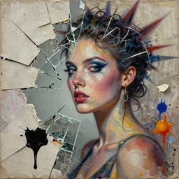 glamorous and emotional divine mindblowing, detailed mixed media collage with canvas texture in style of contemporary art, punk art, realism, realistic photo, expressionism, masterpiece, spectacular quality, intricate oil details, broken glass photo, torn paper intricate texture, large cracks, liquid glue spots