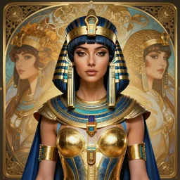 portrait of a beautiful cyberpunk egyptian woman wearing a golden blue armor, beautiful symmetrical face, golden, fantasy, regal, by stanley artgerm lau, greg rutkowski, thomas kindkade, alphonse mucha, loish, norman rockwell.