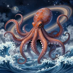 treasure planet, giant octopus monster in a stormy sea with huge waves, huge tentacles, clouds, stars, rings, beautiful lighting, vivid colors, intricate, elegant, smooth, concept art, cinematic, unreal engine, wallpaper, by syd mead, terada katsuya, atey ghailan, svetlin velinov, makoto shinkai art style