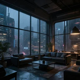 interior design quiet loft, big windows, cyberpunk city, rainy day, night, science - fiction, samdoesarts, artstation