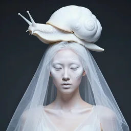 high fashion photography of a model in neo futurism white sci - fi makup, a huge white snail on her head, transparent cloth, beautifully lit